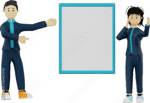 Presentation Duo: Two professionals, one presenting a blank board, the other gesturing. Capturing the essence of teamwork, presentation, and showcasing opportunities in an innovative manner.