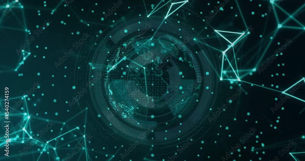 Connecting teal dots forming mesh pulsing to rotating globe visualizing data flow across continents