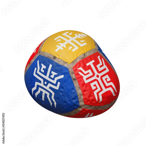 Colorful tribal patterned rock with yellow, red, and blue segments  