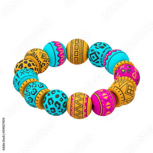 Beaded bracelet with tribal patterns in vibrant colors on display  