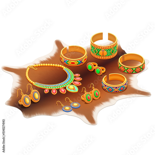 Colorful traditional jewelry set displayed on animal skin background  