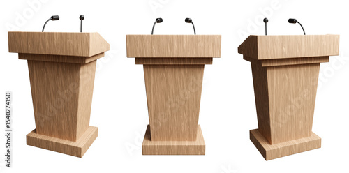Fototapeta Naklejka Na Ścianę i Meble -  Brown wooden pulpit with microphone for speech or debate isolated on white background . Realistic set of wood lecture podium mockup for press conference. 3d render
