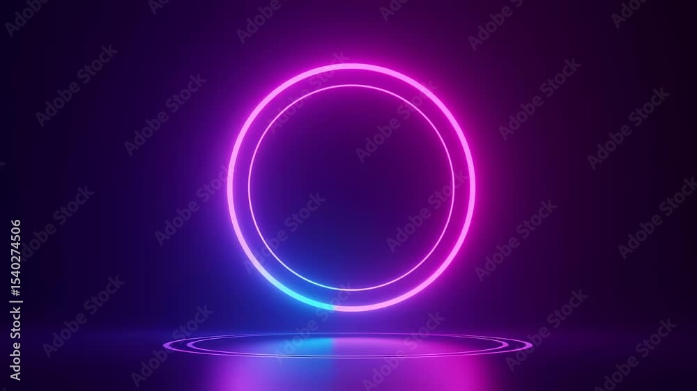 Neon glowing concentric circles form an abstract glowing portal stage. Empty futuristic studio background for product presentation or digital advertisement footage.