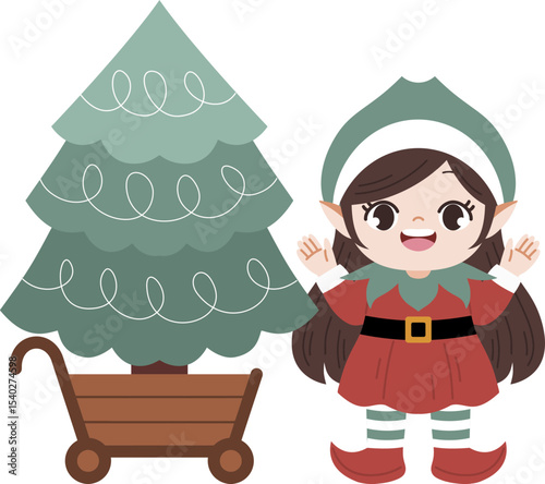 Festive Elf with Christmas Tree: A cute Christmas Elf with big eyes stands smiling next to a Christmas tree in a cart, radiates playful and whimsical festive season.