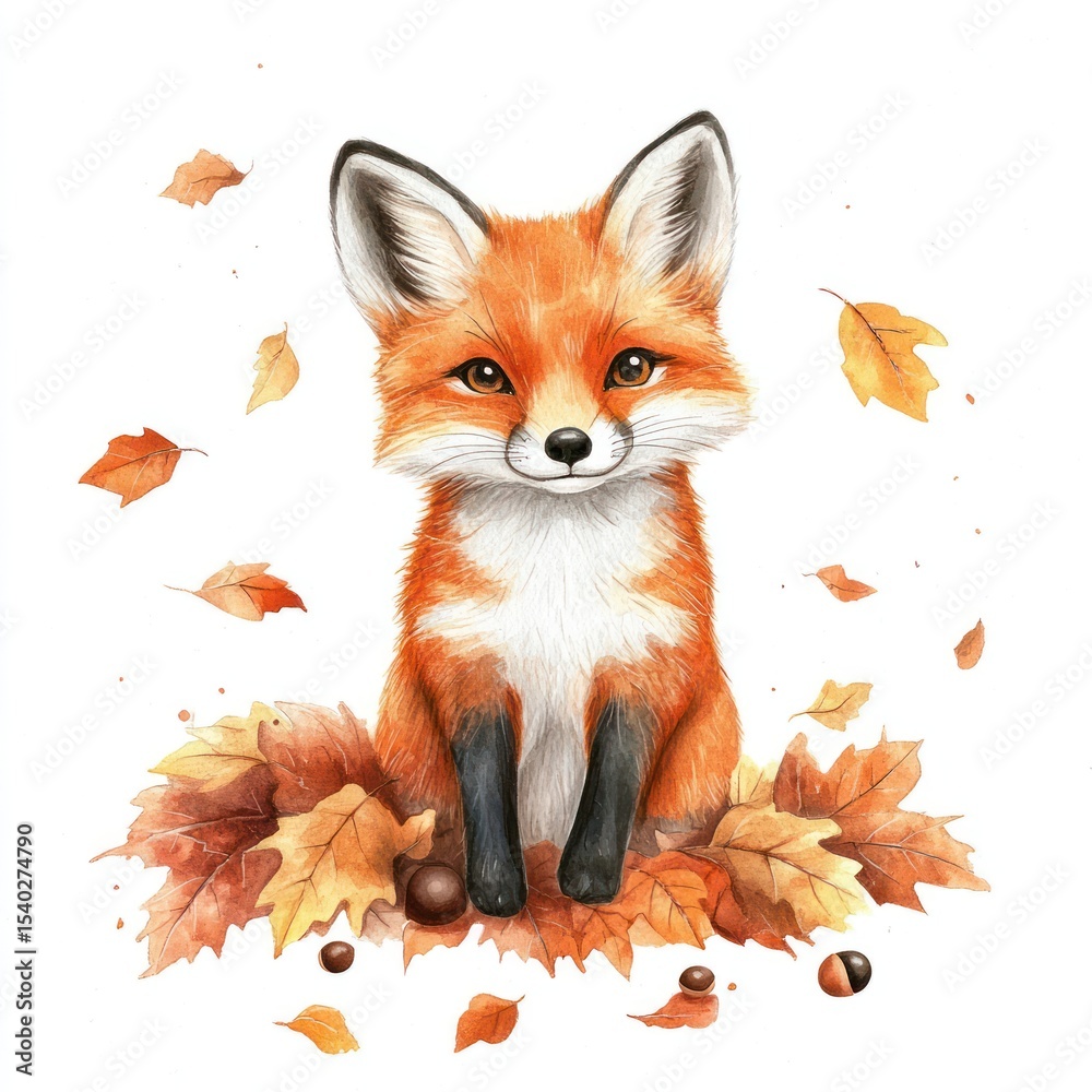Fototapeta premium Cute fox surrounded by autumn leaves (2)