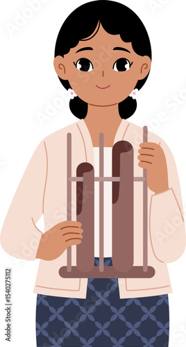 Harmonious Melody: A woman, adorned in traditional attire, gracefully plays the angklung, a traditional Indonesian instrument, as the sounds of cultural heritage fills the air. 