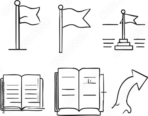 Hand-drawn Line Art Icon Set Flags, Books, and Upward Arrow - Achievement, Progress, and Education Symbols
