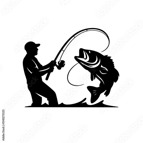 Fishermen Fishing Logo Boat with Big Fish Strike, Fisherman Catching Fish Silhouette