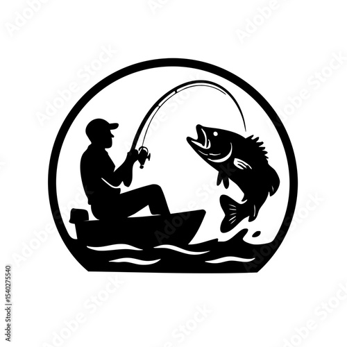 Fishermen Fishing Logo Boat with Big Fish Strike, Fisherman Catching Fish Silhouette