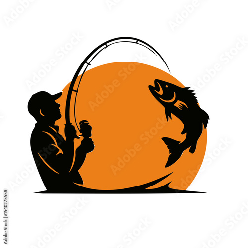 Fishermen Fishing Logo Boat with Big Fish Strike, Fisherman Catching Fish Silhouette