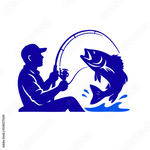 Fishermen Fishing Logo Boat with Big Fish Strike, Fisherman Catching Fish Silhouette