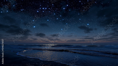 Dark ocean at night under a starlit sky, shimmering stars reflecting on water, moody seascape, dreamy cosmic atmosphere, tranquil marine night scene