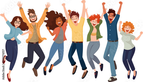 Joyful Collective Leap: A vibrant, diverse group of individuals celebrates with exuberant jumps, capturing the essence of unity, happiness, and collective celebration.