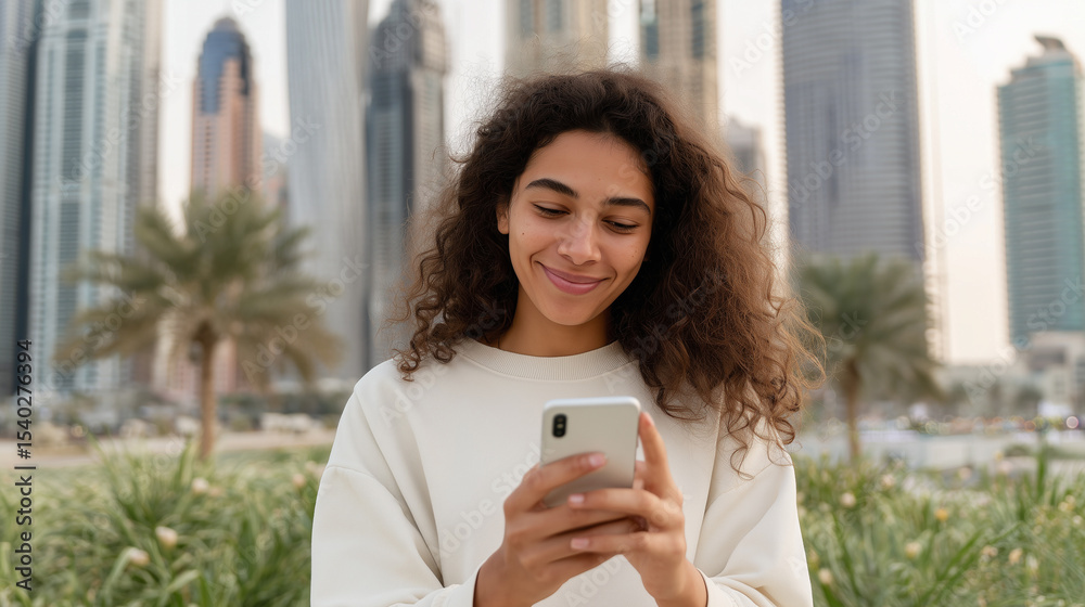 Happy solo traveler using smartphone during summer trip. Young woman enjoying travel, modern lifestyle, digital connection while exploring urban cityscape with tropical atmosphere. Happy solo traveler using smartphone during summer trip. Young woman enjoying travel, modern lifestyle, digital connection while exploring urban cityscape with tropical atmosphere.