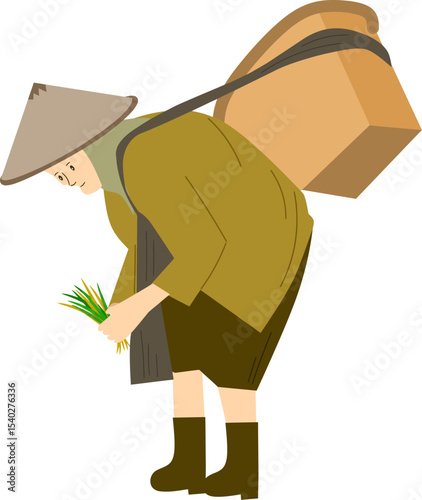 Working Farmer with Burden: An illustration depicts a farmer harvesting with a traditional conical hat and carrying a heavy burden on their back, showcasing labor in agriculture.