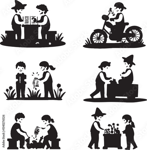 Charming Black and White Illustrations of Children Engaging in Everyday Activities