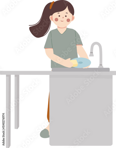 Washing Dishes Illustration: A person attentively washes a plate at a kitchen sink, demonstrating everyday household tasks.