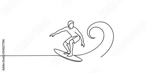 Single continuous line drawing young professional surfer in action riding the waves on blue ocean. Extreme watersport concept. Summer vacation. Trendy one line draw design vector graphic illustration