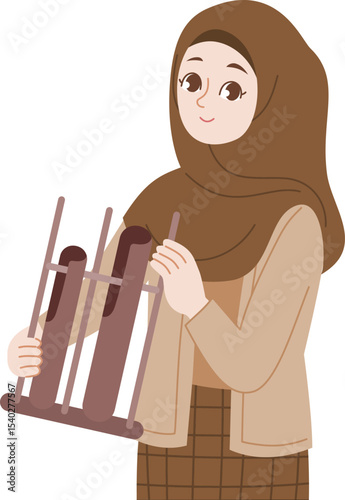 Harmony in Sound: A serene figure, draped in modest attire, gracefully orchestrates a traditional musical instrument, the air resonating with enchanting melodies.