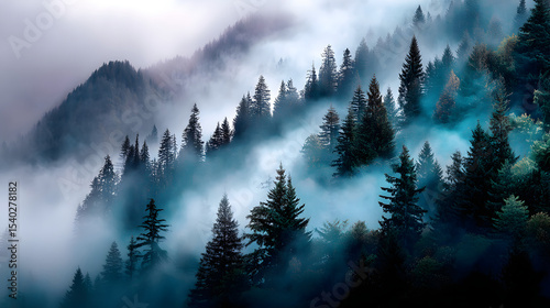 A peaceful forest with pastel mist swirling around the trees, creating an ethereal landscape where the fog gently moves, revealing glimpses of the towering trees.