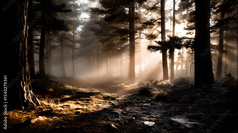 Naklejka premium A peaceful sepia-toned pine forest shrouded in mist, with soft light streaming through, creating a romantic and ethereal atmosphere.