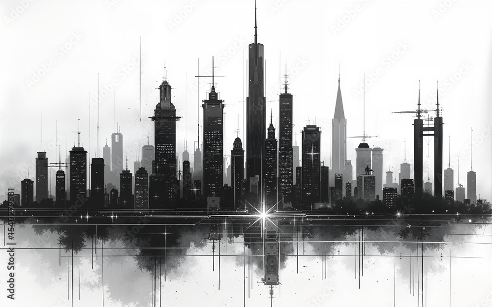 Fototapeta premium Futuristic cityscape in ink stippling technique. High quality
