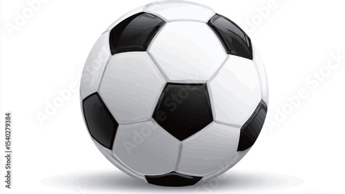 A close-up shot of a classic black and white soccer ball against a white background.  The ball is depicted as a sphere with a traditional pentagonal and hexagonal panel design. 
