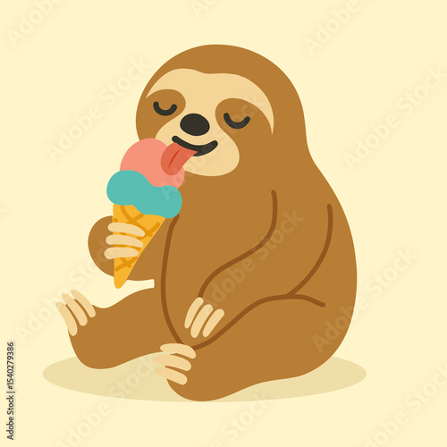 Ein freundliches Faultier sitzt entspannt mit geschlossenen Augen und genießt ein Eis mit zwei bunten Kugeln in einem Waffelhörnchen. Die Szene ist in einem sanften, reduzierten Illustrationsstil 
