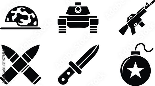 Military and Weaponry Icons Set - Army and Combat vector.