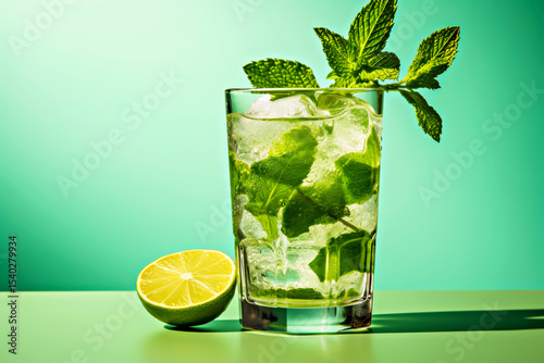 Fresh mojito cocktail or mocktail with crushed ice, lime slices and mint leaves in tall glass against green background. Refreshing summer drink with bright citrus aroma and cool, invigorating taste
