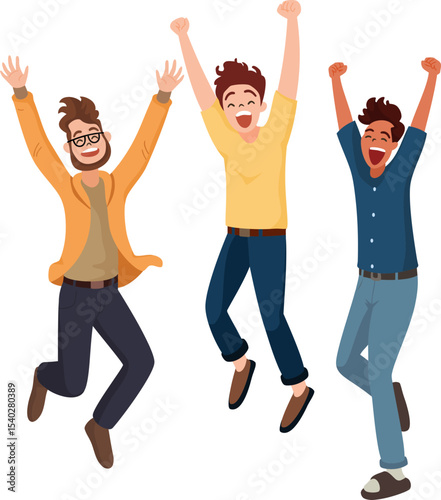 Joyful Jump: Three diverse men joyfully leap in the air, arms raised in a vibrant display of unrestrained happiness and excitement.