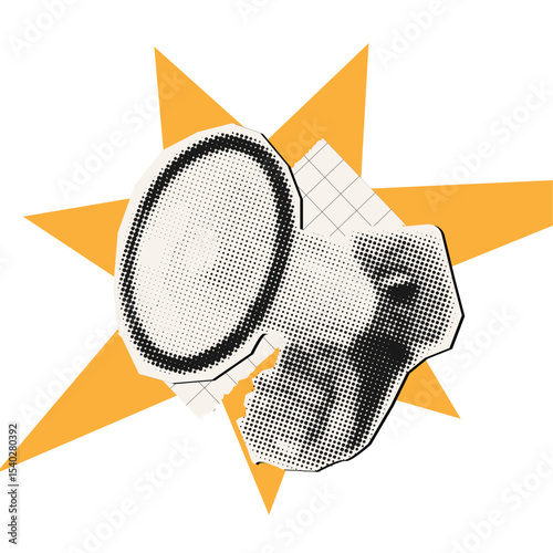 Halftone collage male mouth screaming to loudspeaker, can be used for breaking news concept or sale announce with abstract geometric elements and torn out paper