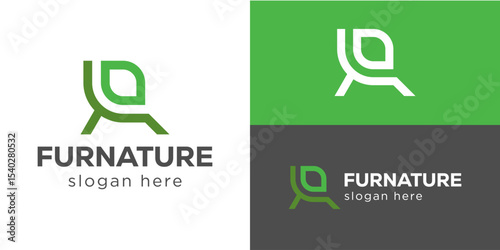 Creative simple furnature logo template. Chair with leaf for Green furniture logo design vector illustration.
