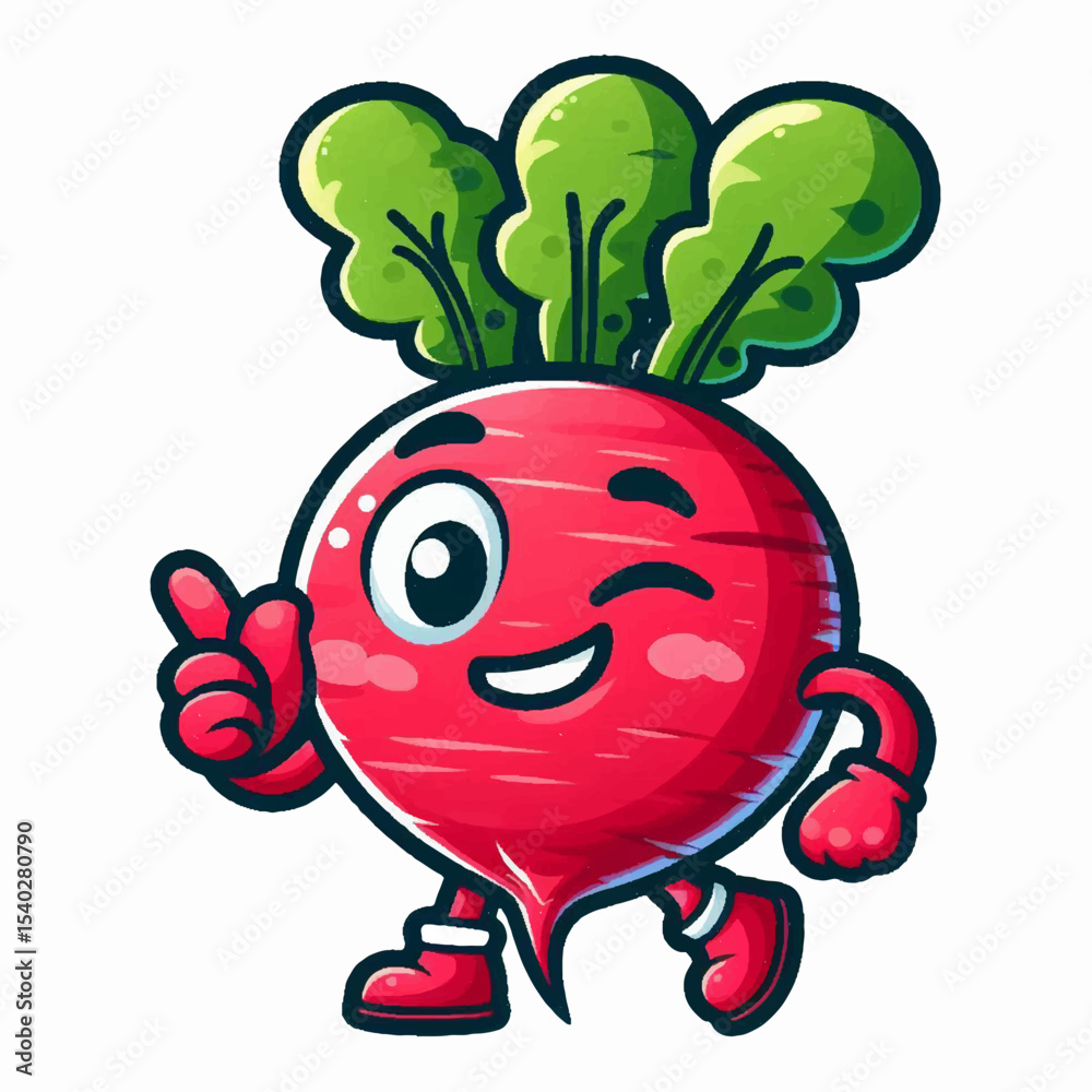 Naklejka premium Playful Radish Character Winking with Informative Gesture