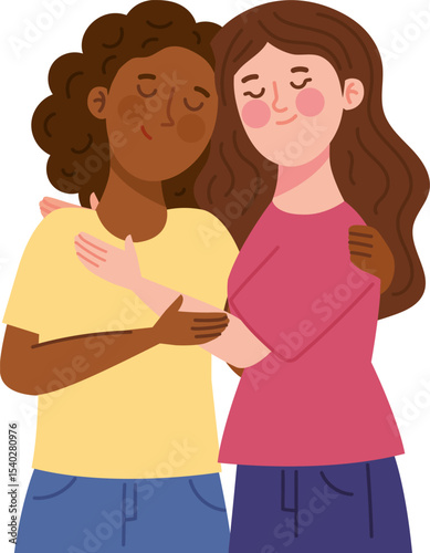 Warm Embrace: Two young women, one with brown skin and curly hair, the other with light skin and long brown hair, embrace each other affectionately, showcasing their close bond and friendship.  