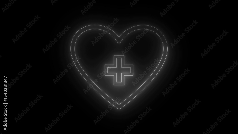 Glowing neon outline of heart symbol with cross medical healthcare element on black background aesthetic design concept Glowing neon outline of heart symbol with cross medical healthcare element on black background aesthetic design concept
