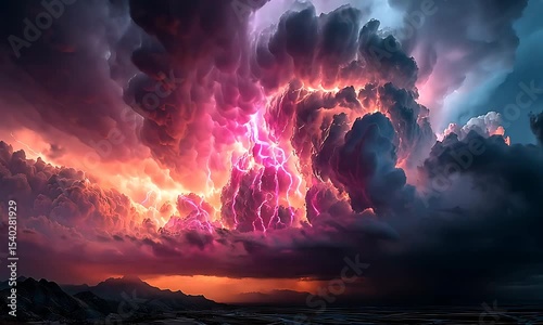 Dramatic Lightning Storm Video: Intense Electrical Activity and Ominous Clouds over a Dark Landscape photo