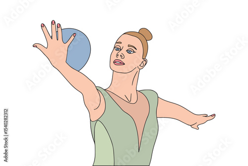  Vector illustration of a rhythmic gymnast performing with a ball. The gymnast gracefully extends her arm, demonstrating elegance and precision in the routine, reflecting focus and poise.