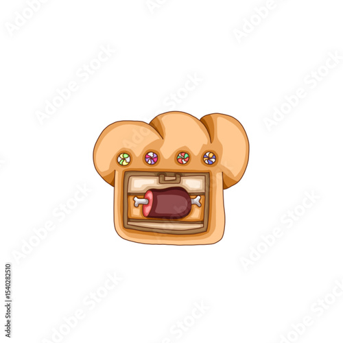 a bread-shaped oven with roast meat inside.