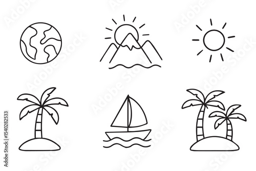 Collection of six minimalist vector icons depicting nature elements like earth, mountains, sun, palm trees, and a sailboat.