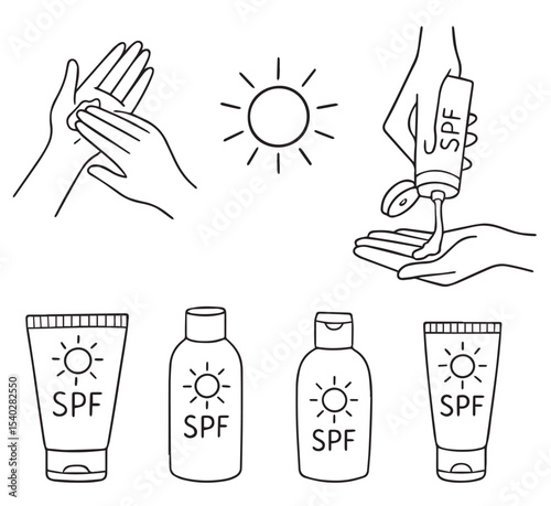 Vector illustration showing hands applying SPF sunscreen, highlighting sun protection. Includes images of sunscreen bottles and the sun, emphasizing skin care and UV safety.