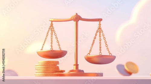 Golden scales of justice balanced with coins