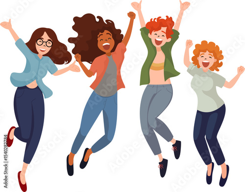 Dynamic Joyful Squad: Capturing an Illustration of four girls radiating pure joy, leaping with infectious energy and celebrating a moment of freedom and camaraderie. Evoking vibes of friendship.