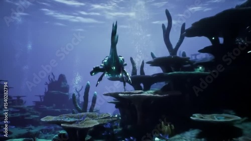 Underwater creature swimming in a dark aquarium environment. photo