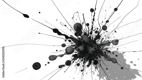 Black ink splatter with radiating lines and droplets on a white background creating abstract art