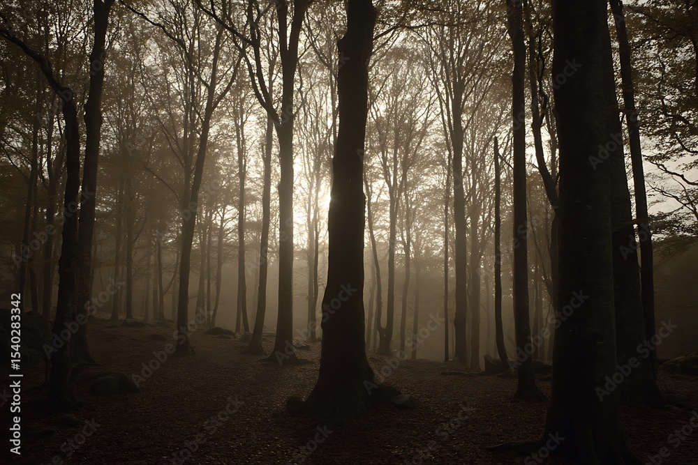 Obraz premium Sunlight filtering through a misty forest