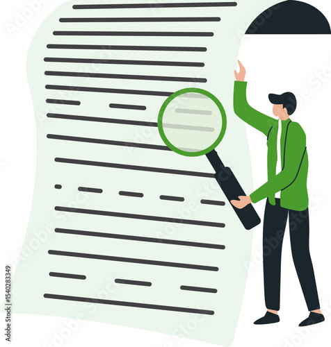Examining Data: An illustration of a person meticulously examining a document using a magnifying glass, highlighting the concepts of research, data analysis, and attention to detail.