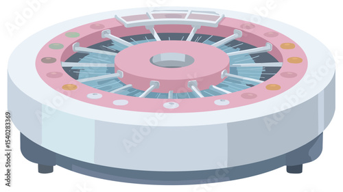 A digital illustration of a round, rotating medical device. The device is predominantly white with pink accents, features several small, evenly spaced elements around a central hub, and has a dark