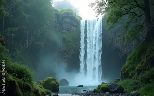 Waterfall flowing upwards in dystopian park with surreal composition and soft diffused lighting, space for text on left. High quality
