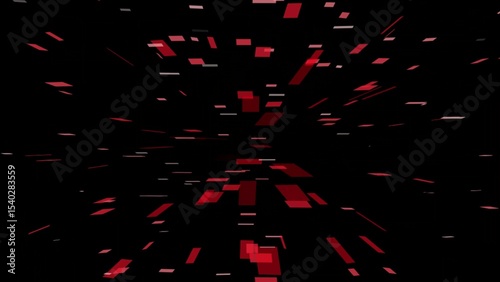 Abstract red and white geometric shapes floating against a black background creating a dynamic modern digital art composition